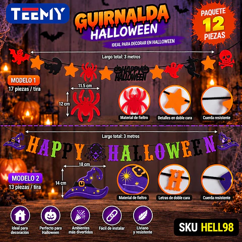 GUIRNALDA DECORACION HALLOWEEN PAQUETE 12 PIEZAS(HELL98)