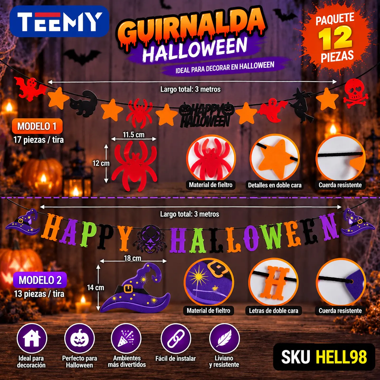 GUIRNALDA DECORACION HALLOWEEN PAQUETE 12 PIEZAS(HELL98) 1