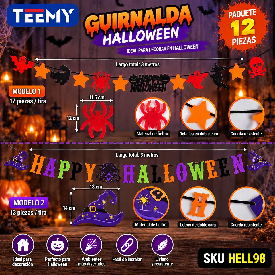 GUIRNALDA DECORACION HALLOWEEN PAQUETE 12 PIEZAS(HELL98) 1