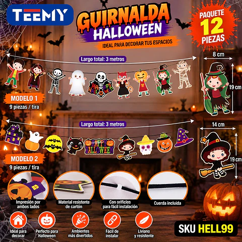 GUIRNALDA DECORACION HALLOWEEN PAQUETE 12 PIEZAS (HELL99)