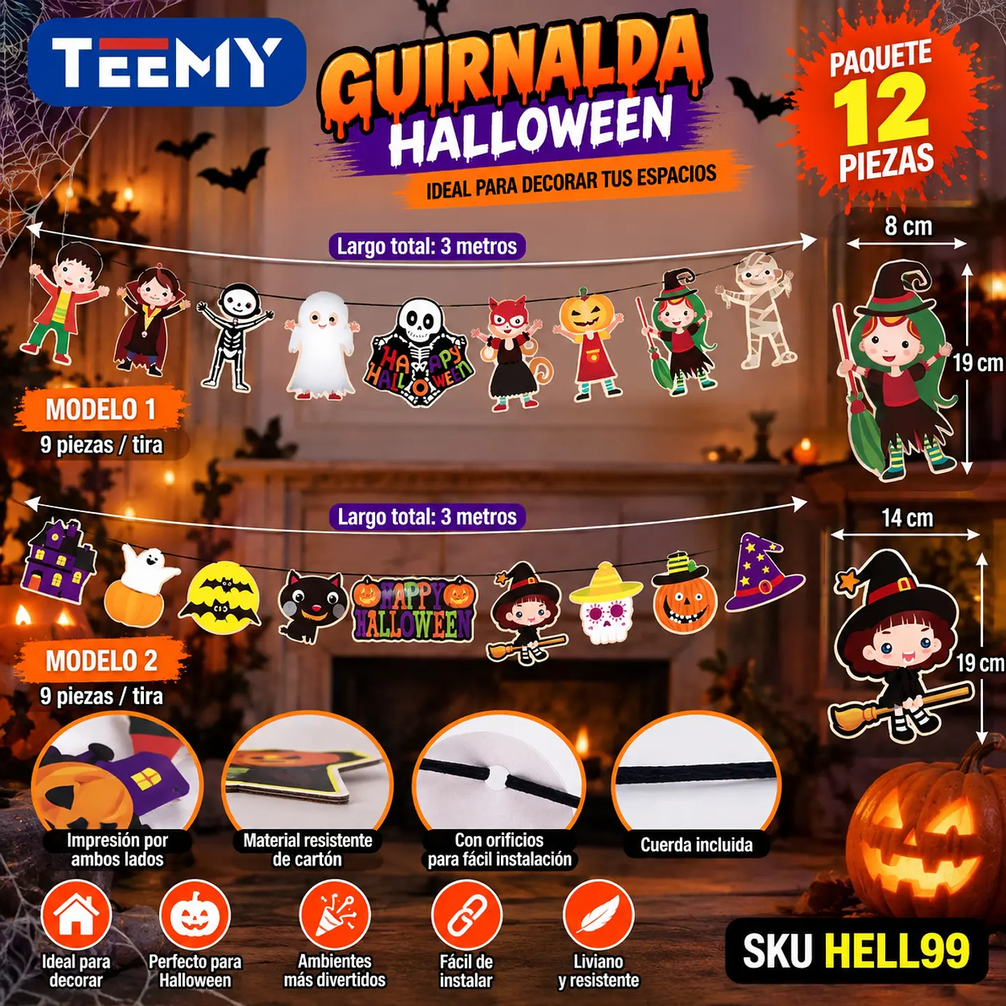 GUIRNALDA DECORACION HALLOWEEN PAQUETE 12 PIEZAS (HELL99) 1