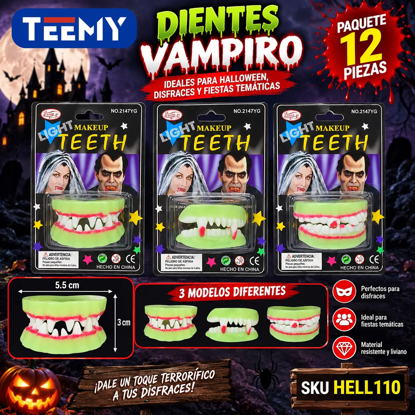DIENTES VAMPIRO PAQUETE 12 PIEZAS (HELL110) 1