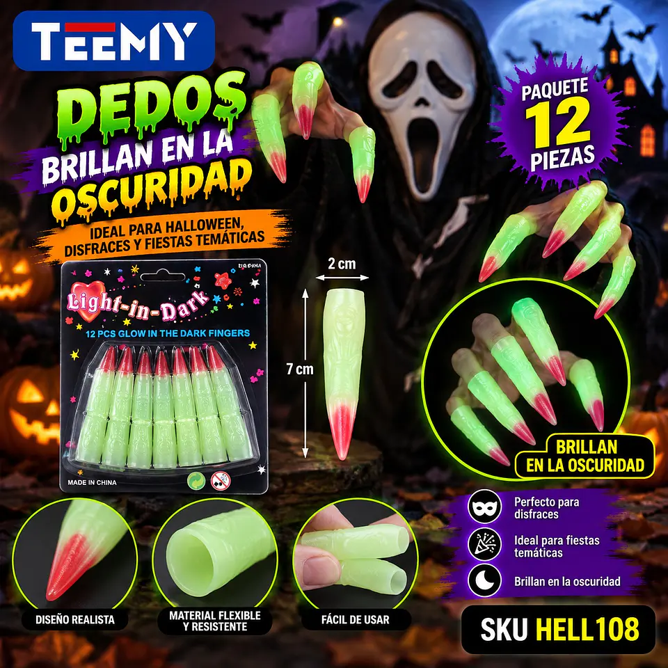 DEDOS BRILLAN EN LA OSCURIDAD PAQUETE 12 PIEZAS (HELL108) 1