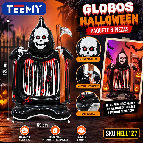 GLOBOS HALLOWEEN PAQUETE 6 PIEZAS MEDIDAS 125 X 69 (HELL127)