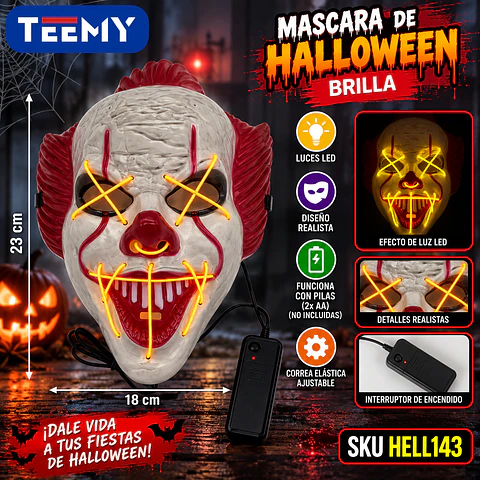 MASCARA DE HALLOWEEN BRILLA, 3 DEL MISMO POR MAYOR  (HELL143)