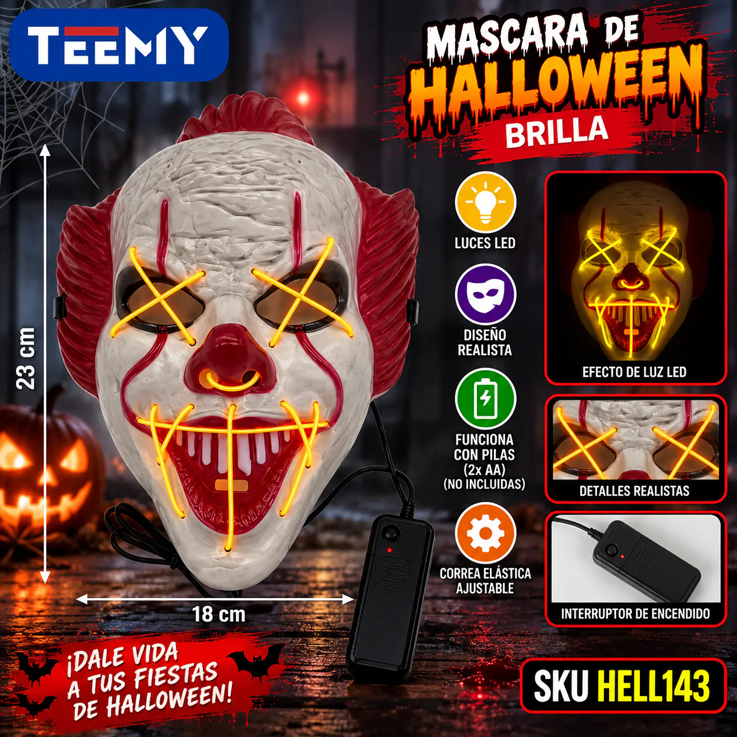 MASCARA DE HALLOWEEN BRILLA, 3 DEL MISMO POR MAYOR  (HELL143) 1