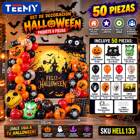 SET DE DECORACION HALLOWEEN 50 PZAS, PAQUETE 6 PIEZAS (HELL135)