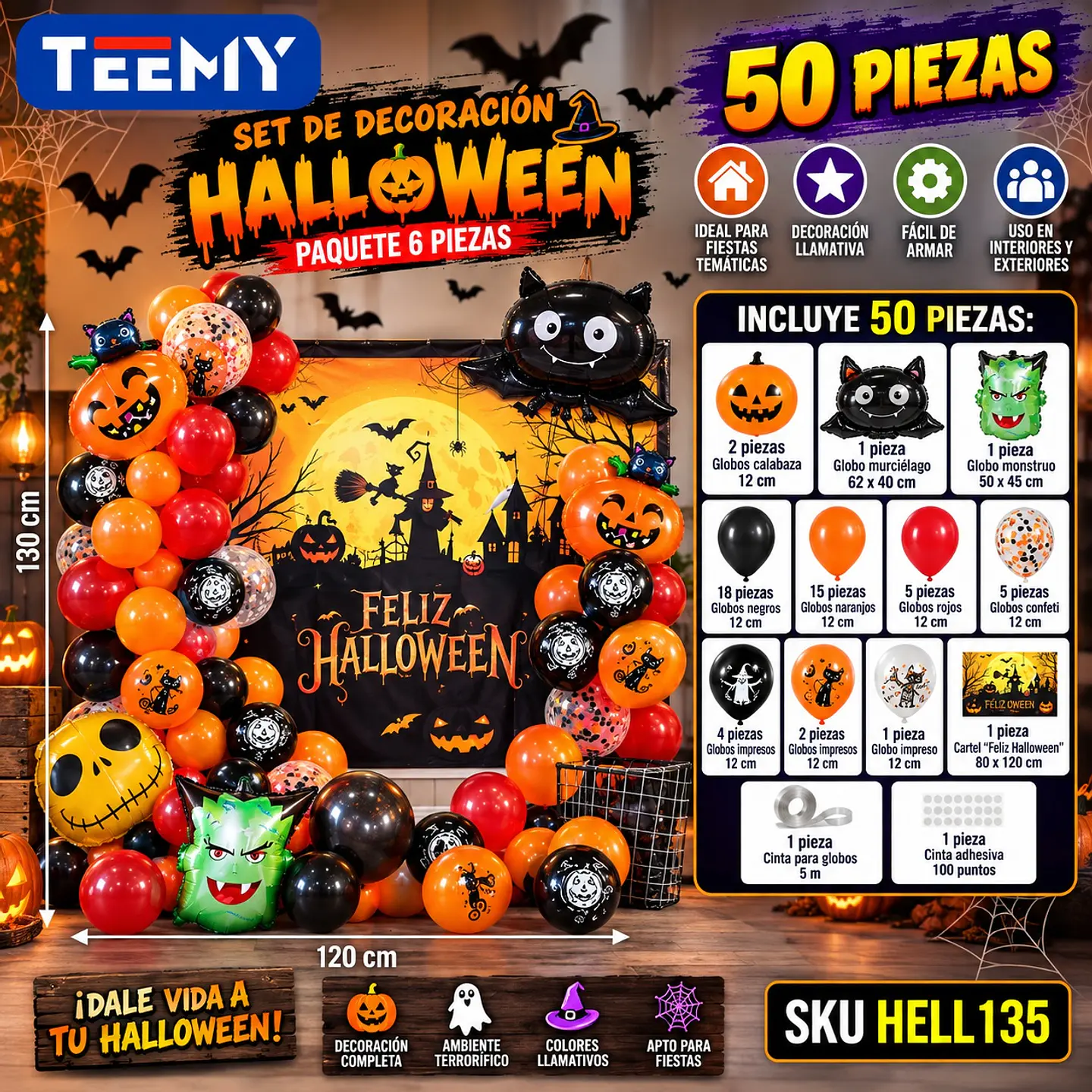 SET DE DECORACION HALLOWEEN 50 PZAS, PAQUETE 6 PIEZAS (HELL135) 1