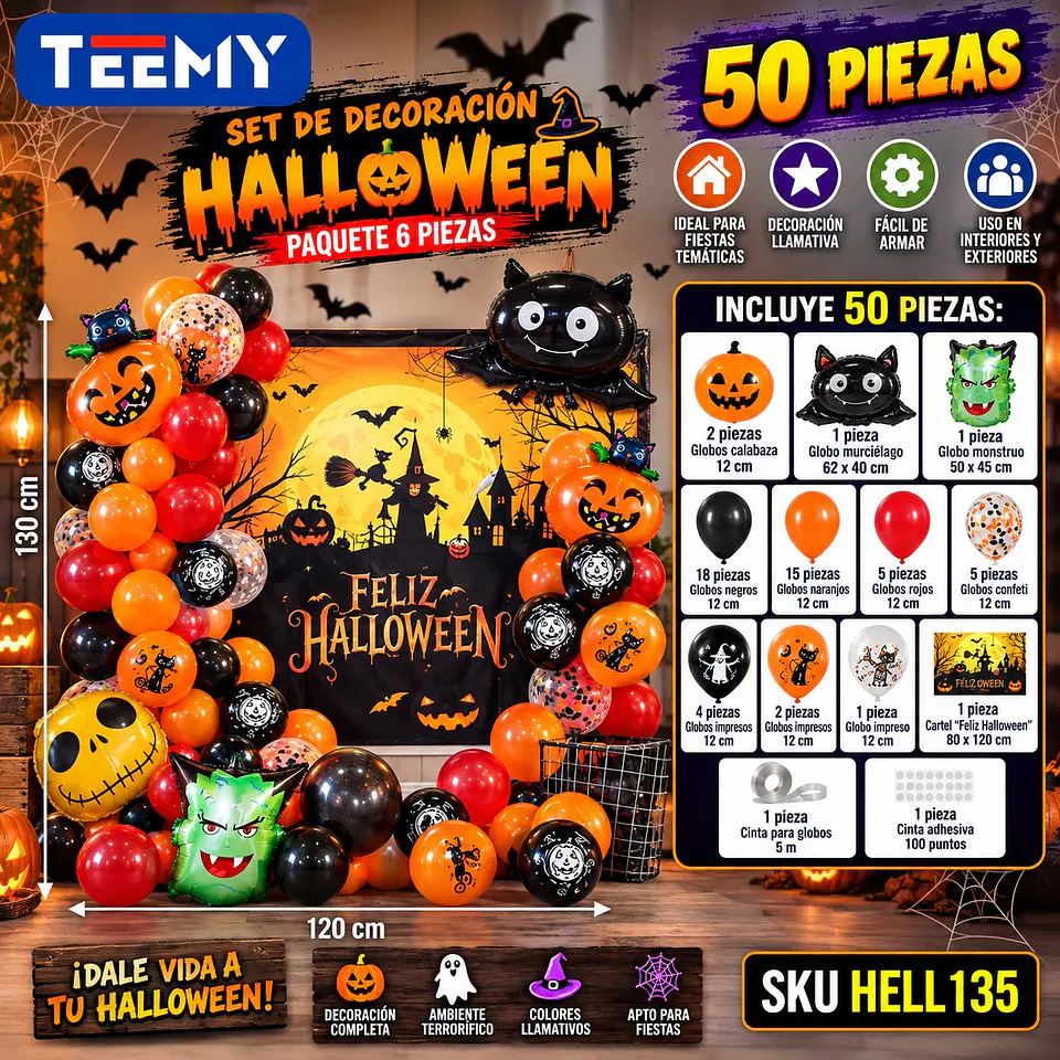 SET DE DECORACION HALLOWEEN 50 PZAS, PAQUETE 6 PIEZAS (HELL135) 1