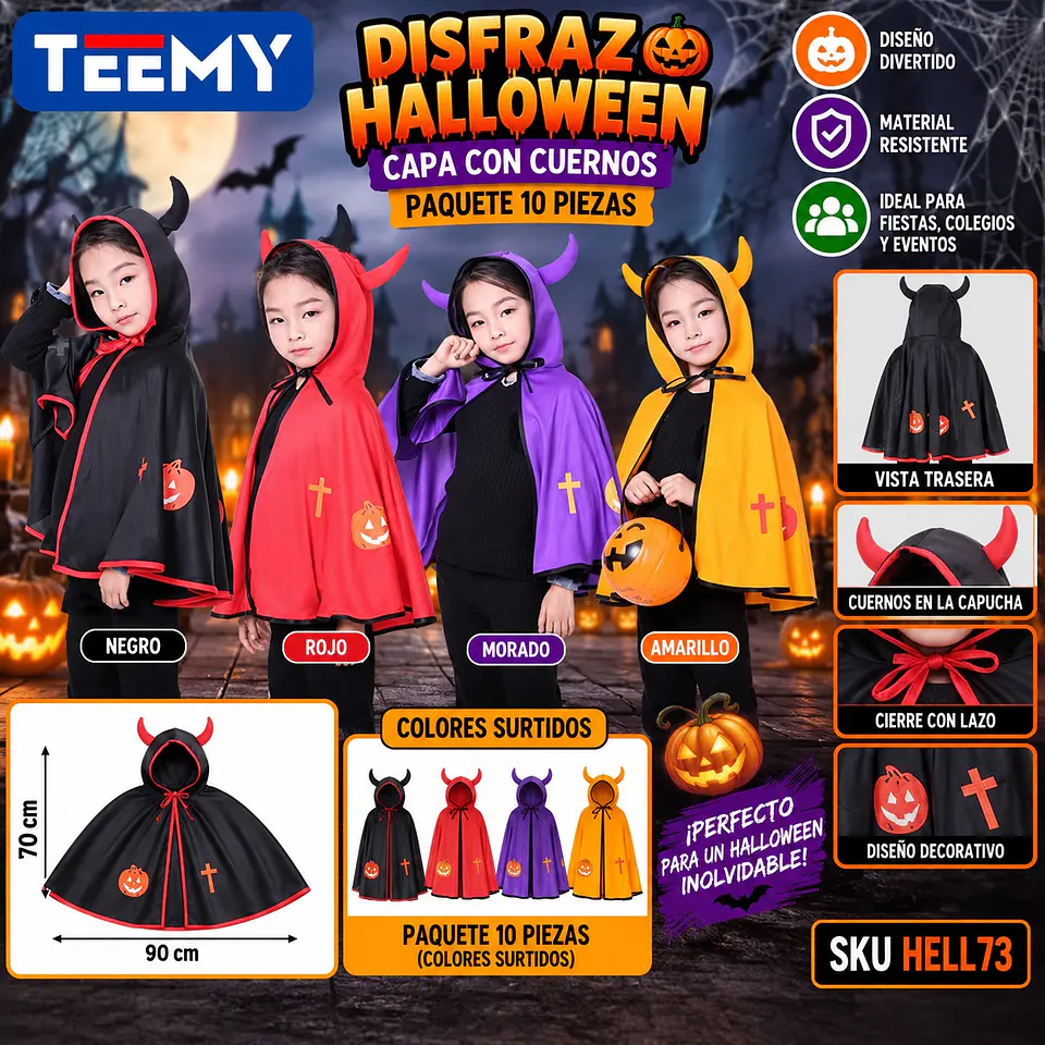 DISFRAZ HALLOWEEN CAPA, PAQUETE 10 PIEZAS (HELL73) 1