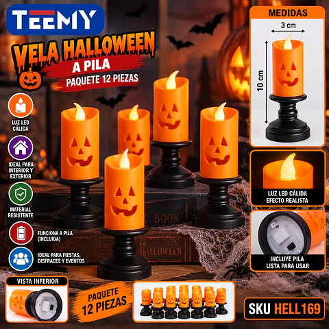 VELA HALLOWEEN A PILA PAQUETE 12 PIEZAS (HELL169)