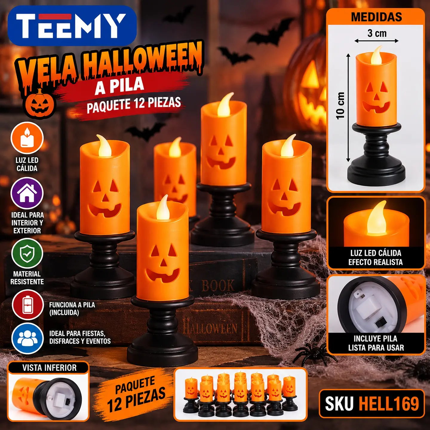 VELA HALLOWEEN A PILA PAQUETE 12 PIEZAS (HELL169) 1