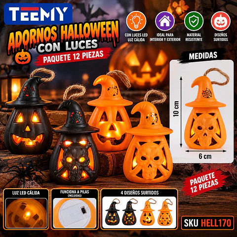 ADORNOS HALLOWEEN CON LUCES PAQUETE 12 PIEZAS (HELL170)