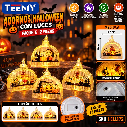 ADORNOS HALLOWEEN CON LUCES PAQUETE 12 PIEZAS (HELL172)