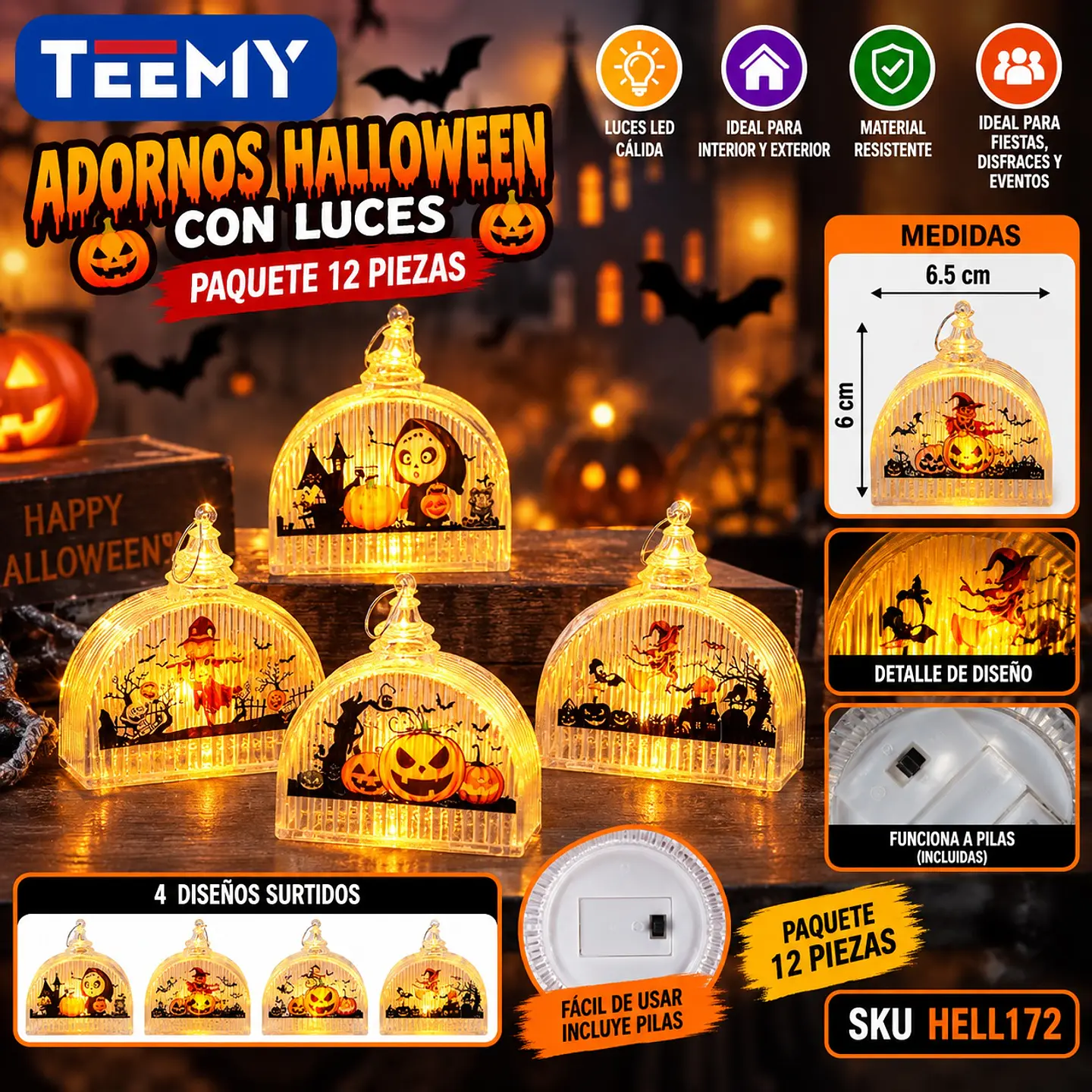 ADORNOS HALLOWEEN CON LUCES PAQUETE 12 PIEZAS (HELL172) 1