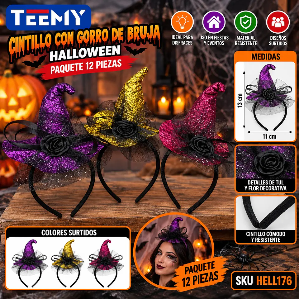 CINTILLO CON GORRO DE BRUJA HALLOWEEN PAQUETE 12 PIEZAS (HELL176) 1