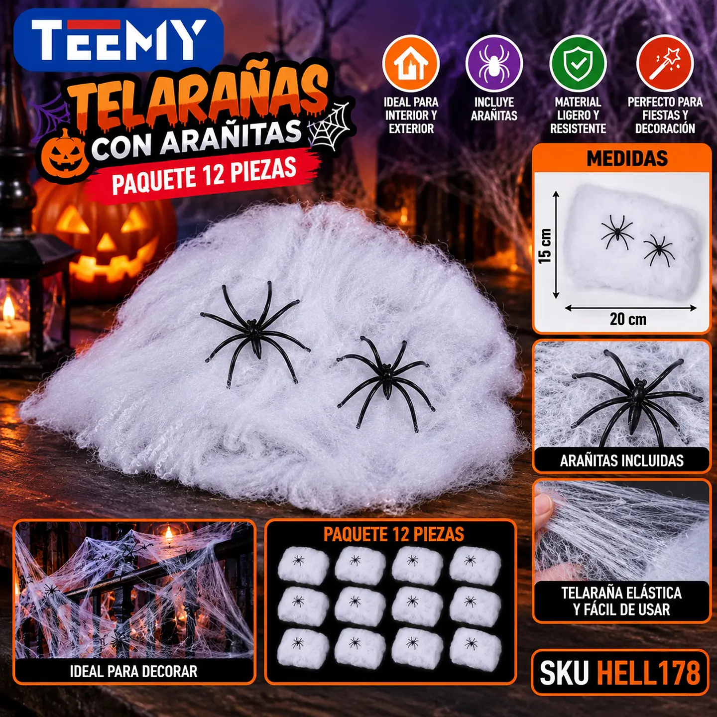 TELARAÑAS CON ARAÑITAS PAQUETE 12 PIEZAS (HELL178) 1