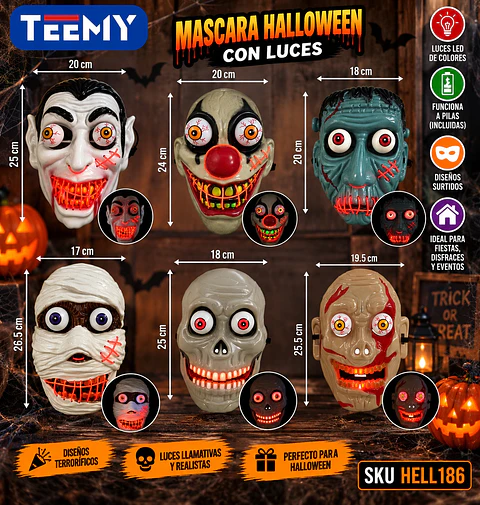 MASCARA HALLOWEEN CON LUCES , 3 DEL MISMO POR MAYOR  (HELL186)