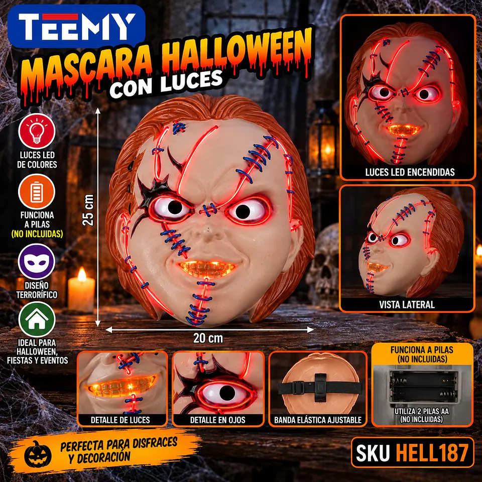 MASCARA DE HALLOWEEN CON LUCES , 3 DEL MISMO POR MAYOR  (HELL187) 1