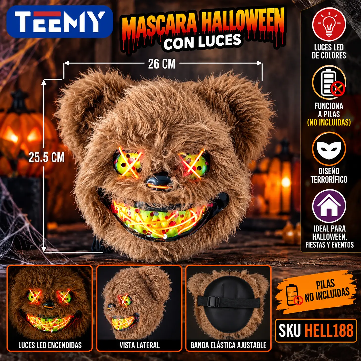 MASCARA DE HALLOWEEN CON LUCES  , 3 DEL MISMO POR MAYOR  (HELL188) 1