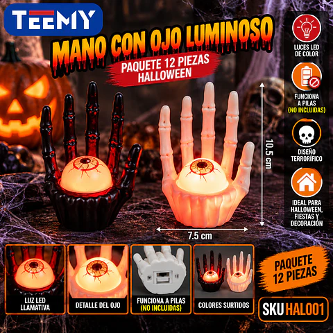 MANO CON OJO LUMINOSO PAQUETE 12 PIEZAS HALLOWEEN (HAL001)