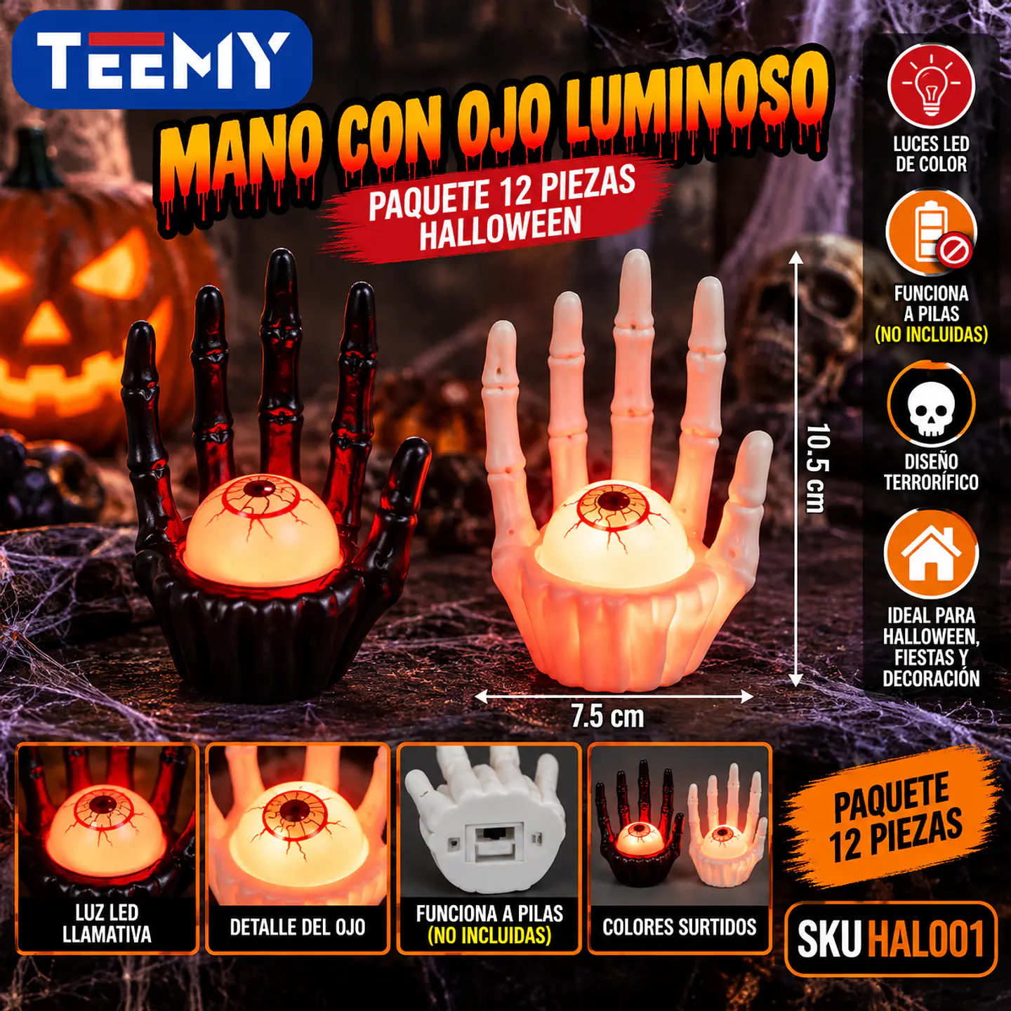 MANO CON OJO LUMINOSO PAQUETE 12 PIEZAS HALLOWEEN (HAL001) 1