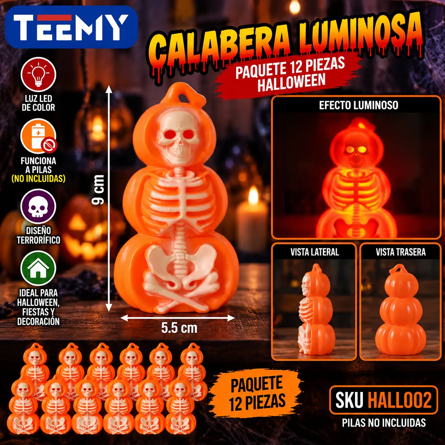 CALABERA LUMINOSA PAQUETE 12 PIEZAS HALLOWEEN (HAL002) 1