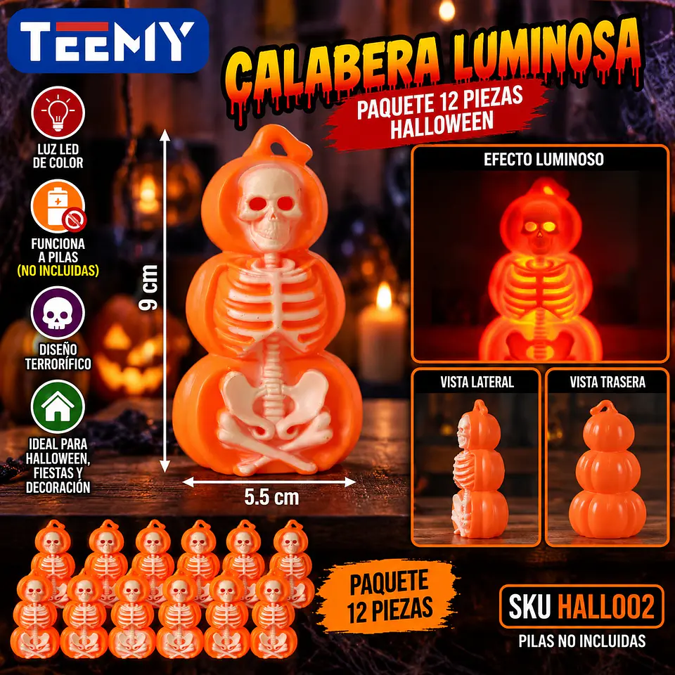 CALABERA LUMINOSA PAQUETE 12 PIEZAS HALLOWEEN (HAL002) 1