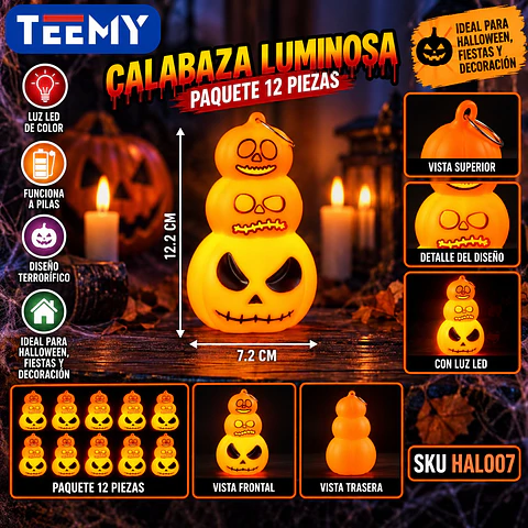 CALABAZA LUMINOSA PAQUETE 12 PIEZAS  (HAL007)