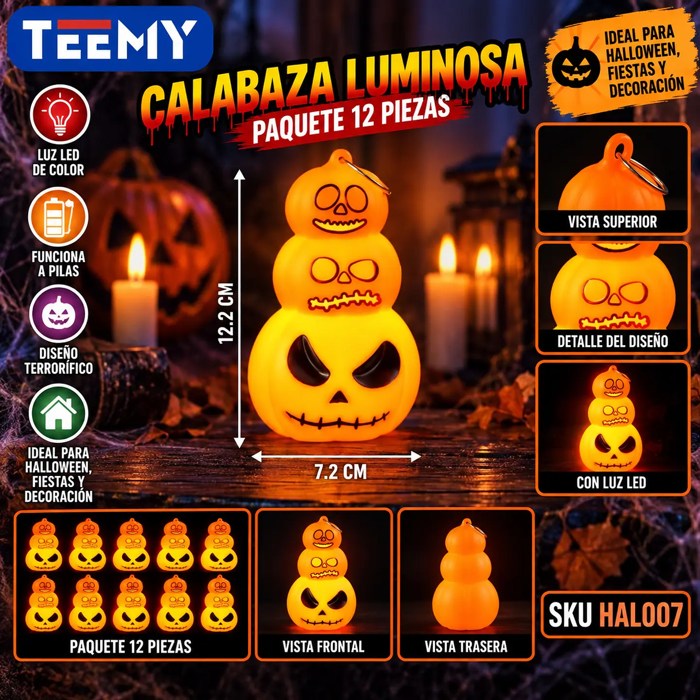 CALABAZA LUMINOSA PAQUETE 12 PIEZAS  (HAL007) 1