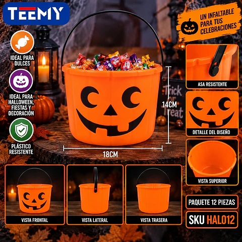 BALDE DE DULCES CALABAZA HALLOWEEN 21CM, 3 DEL MISMO POR MAYOR  (HAL012)