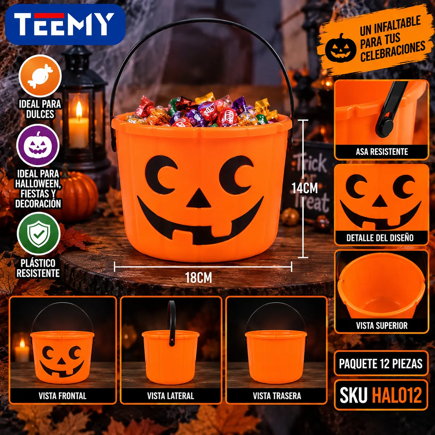BALDE DE DULCES CALABAZA HALLOWEEN 21CM, 3 DEL MISMO POR MAYOR  (HAL012) 1