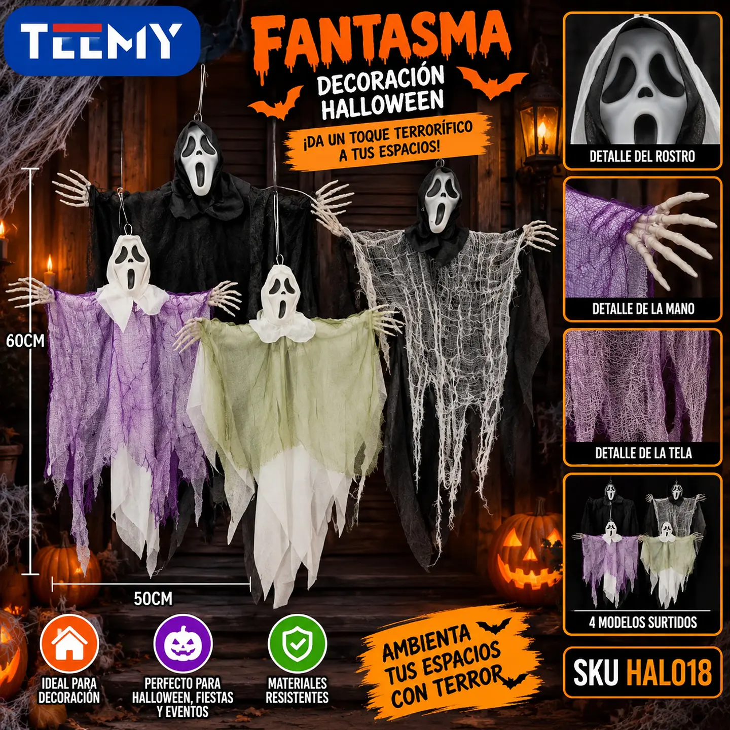 FANTASMA  DECORACION HALLOWEEN , 3 DEL MISMO POR MAYOR  (HAL018) 1