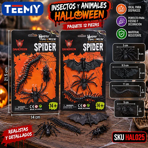 INSECTOS Y ANIMALES HALLOWEEN, PAQUETE 12 PIEZAS (HAL025)