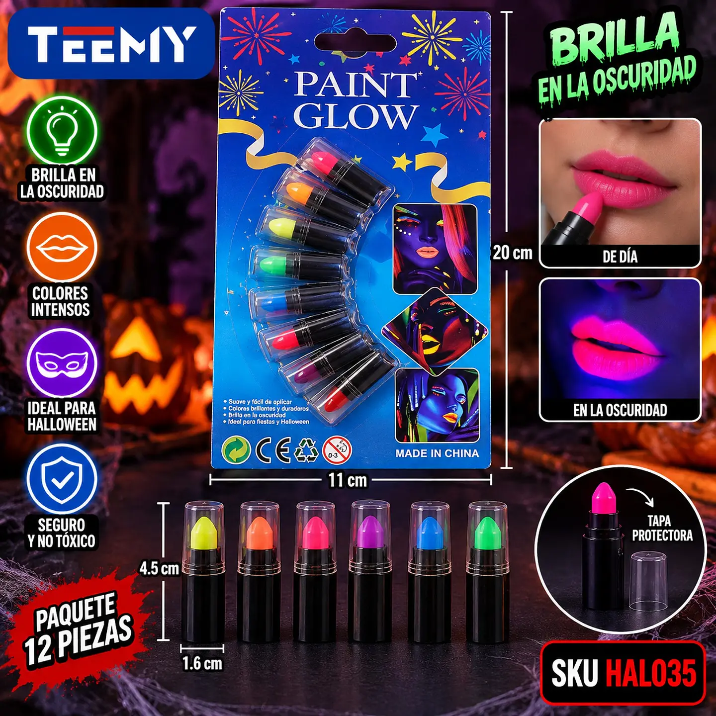 PINTURA DE LABIOS HALLOWEEN BRILLA EN LA OSCURIDAD PAQUETE 12 PIEZAS  (HAL035) 1