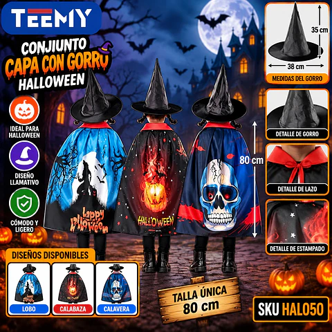 CONJUNTO CAPA CON GORRO HALLOWEEN 80 CM, 3 DEL MISMO POR MAYOR  (HAL050)