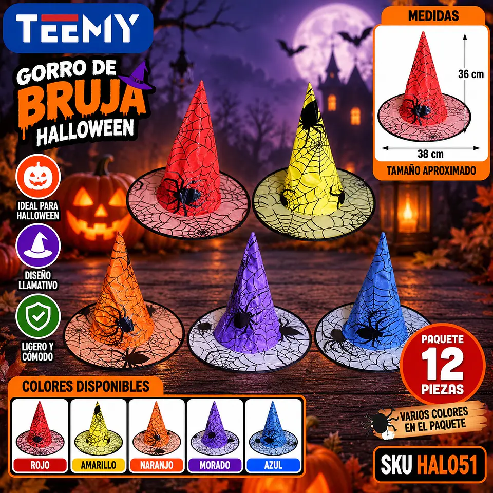 GORRO DE BRUJA HALLOWEEN PAQUETE 12 PIEZAS (HAL051) 1