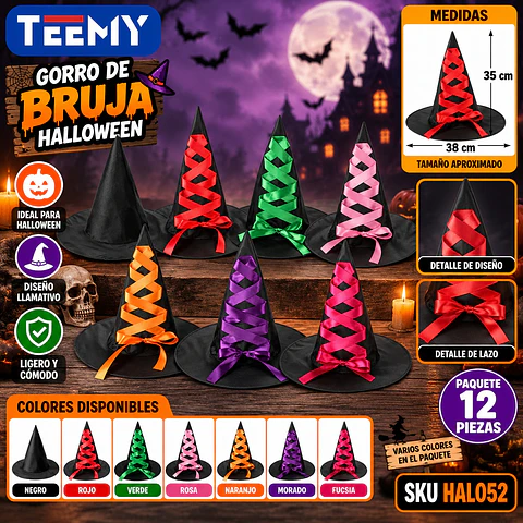 GORRO DE BRUJA HALLOWEEN PAQUETE 12 PIEZAS (HAL052)