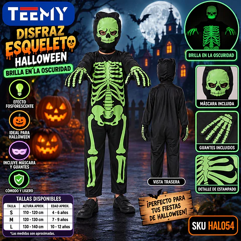 DISFRAZ HALLOWEEN ESQUELETO BRILA EN LA OSCURIDAD TALLA S,M,L 3 DEL MISMO POR MAYOR  (HAL054)