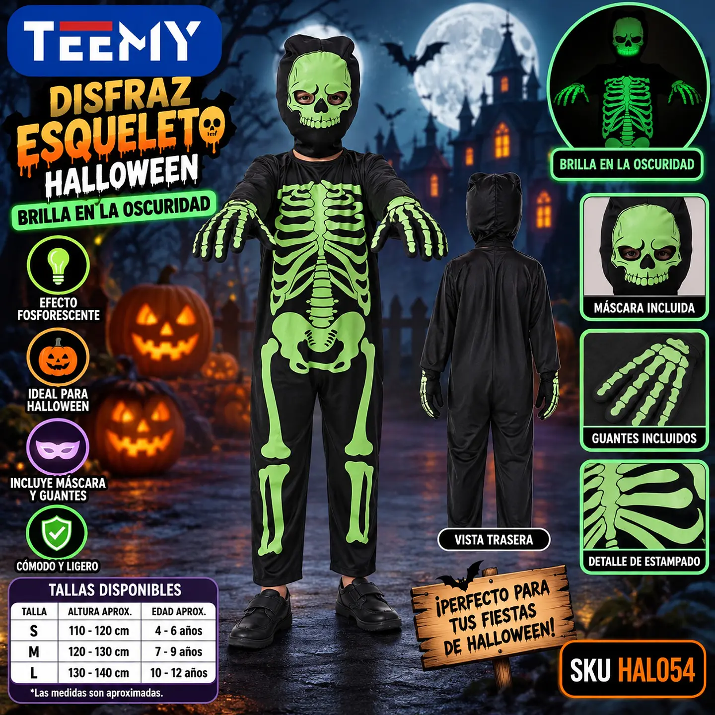 DISFRAZ HALLOWEEN ESQUELETO BRILA EN LA OSCURIDAD TALLA S,M,L 3 DEL MISMO POR MAYOR  (HAL054) 1
