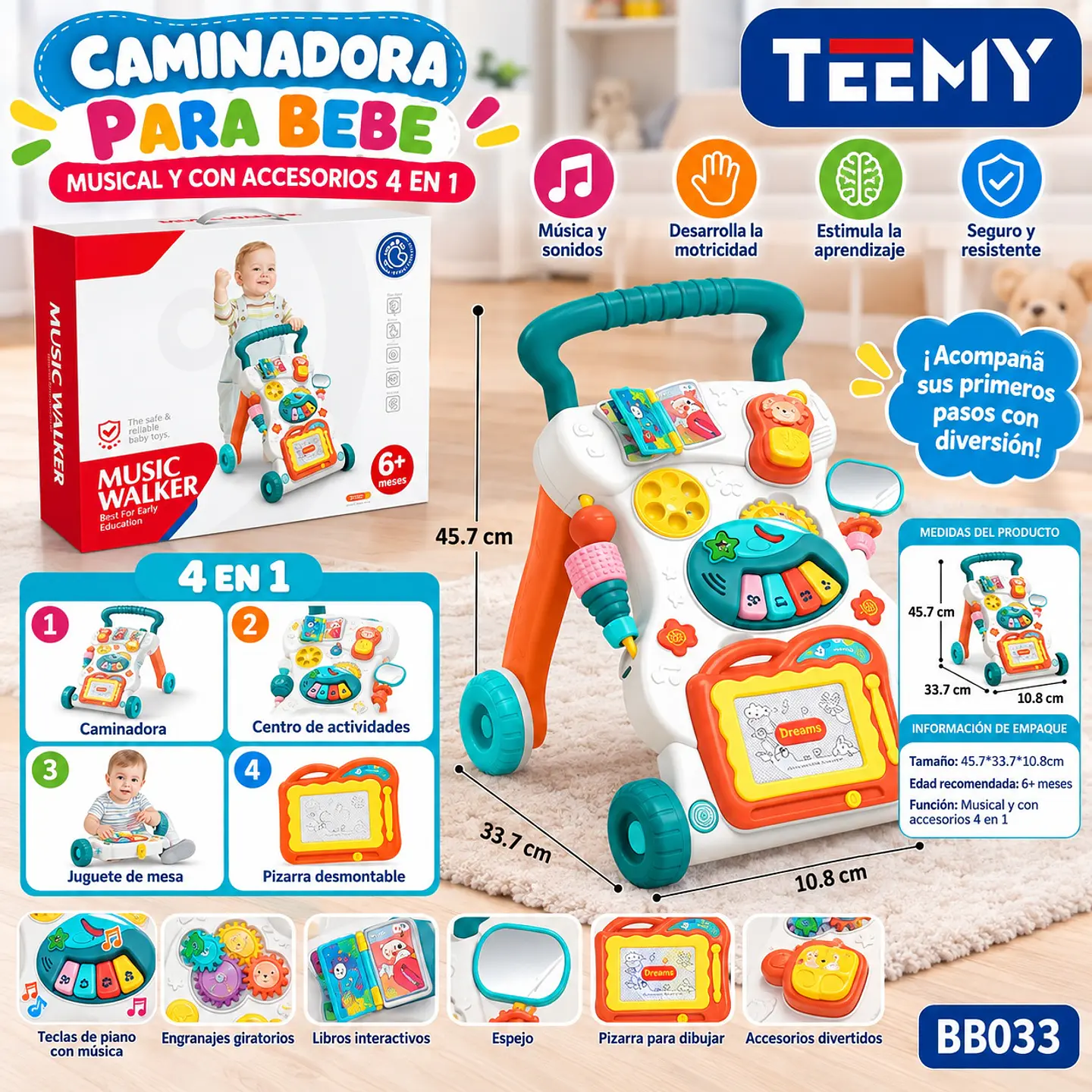 CAMINADORA PARA BEBE MUSICAL Y CON ACCESORIOS 4 EN 1, 3 DEL MISMO POR MAYOR  (BB033) 1