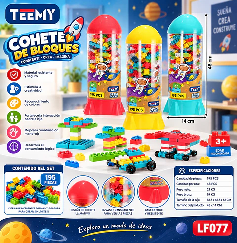 COHETE CON BLOQUES ARMABLES 195 PIEZAS, 3 DEL MISMO POR MAYOR (LF077)