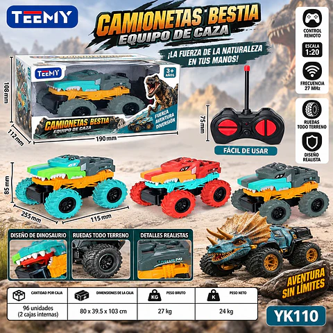 CARRO DINOSAURIO A CONTROL REMOTO, 3 DEL MISMO POR MAYOR (YK110)