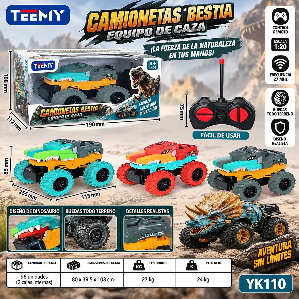 CARRO DINOSAURIO A CONTROL REMOTO, 3 DEL MISMO POR MAYOR (YK110) 1