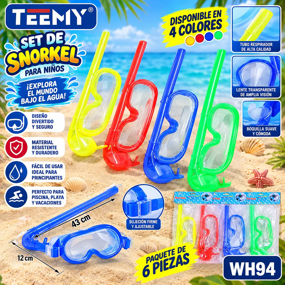 LENTES NATACION CON SNORKEL PAQUETE 6 PIEZAS (WH94) 1