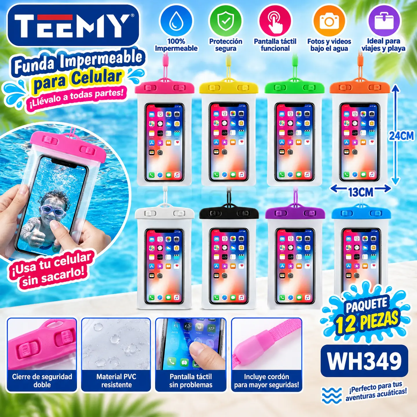 PROTECTOR CELULAR CONTRA EL AGUA PAQUETE 12 PIEZAS (WH349) 1
