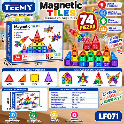 BLOQUE MAGNETICO 74 PIEZAS, 3 DEL MISMO POR MAYOR (LF070)