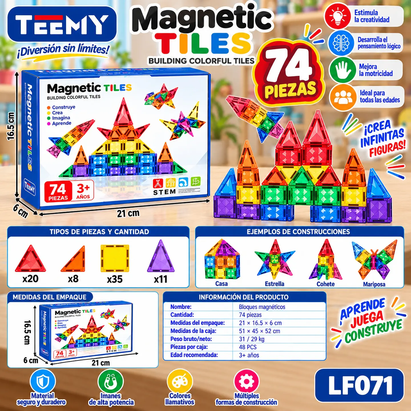 BLOQUE MAGNETICO 74 PIEZAS, 3 DEL MISMO POR MAYOR (LF070) 1