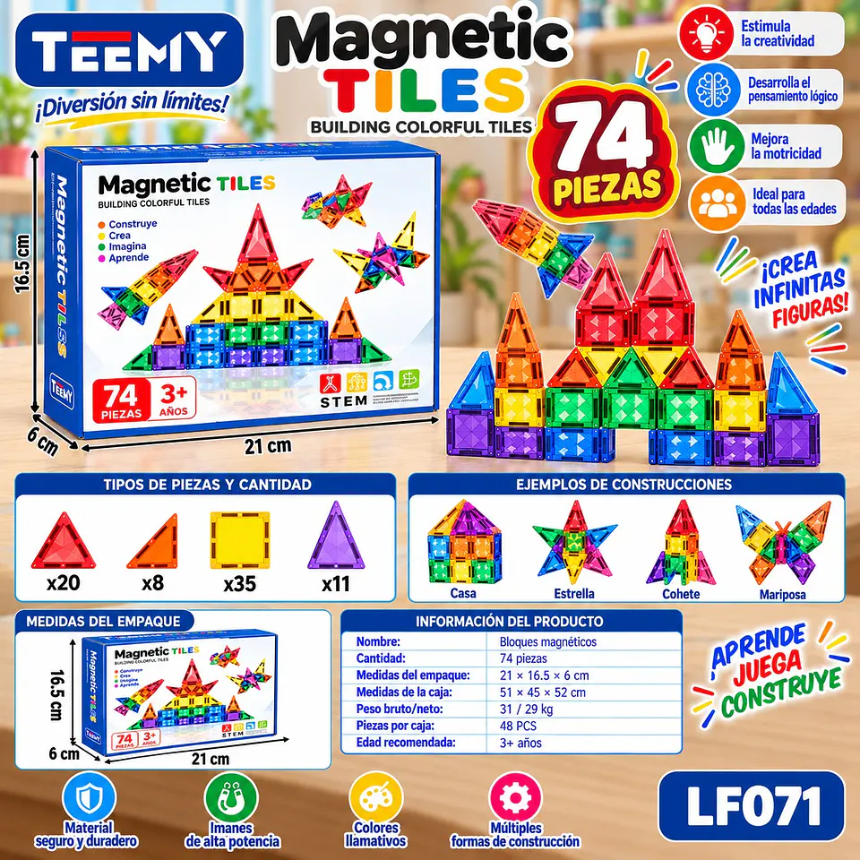 BLOQUE MAGNETICO 74 PIEZAS, 3 DEL MISMO POR MAYOR (LF070) 1