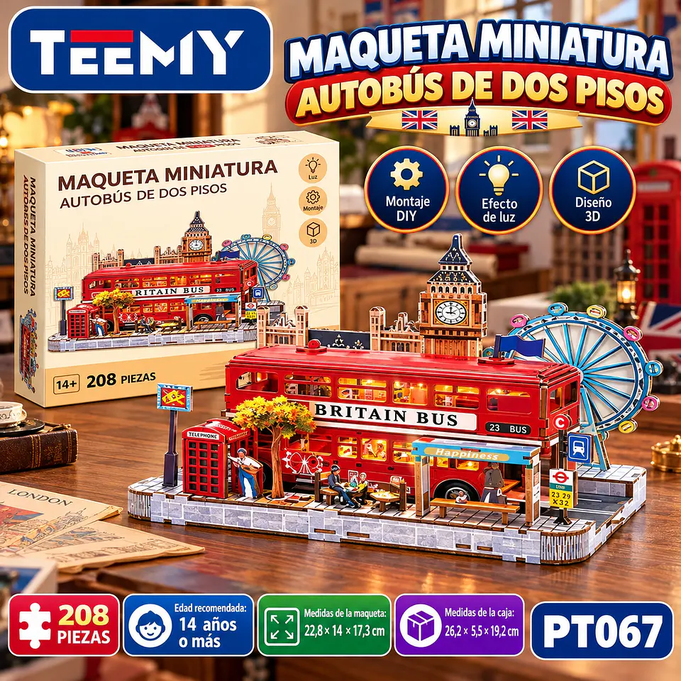 MAQUETA PUZZLE 3D BUS BRITANICO 208 PIEZAS, 3 DEL MISMO POR MAYOR (PT067) 1